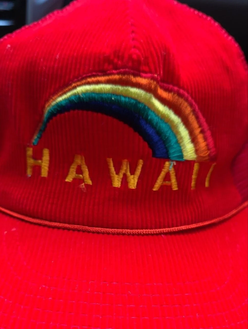Vintage 80s Hawaii Rainbow Corduroy Mesh Trucker Hat Red Snapback